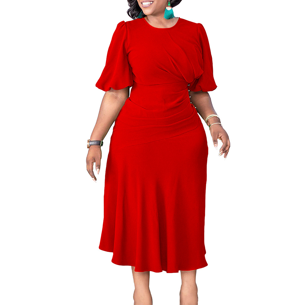 Plus Size Solid Color Round Neck Puff Sleeve Bodycon Dress for Women, Trendy African Style, Perfect for Cross Border Fashion