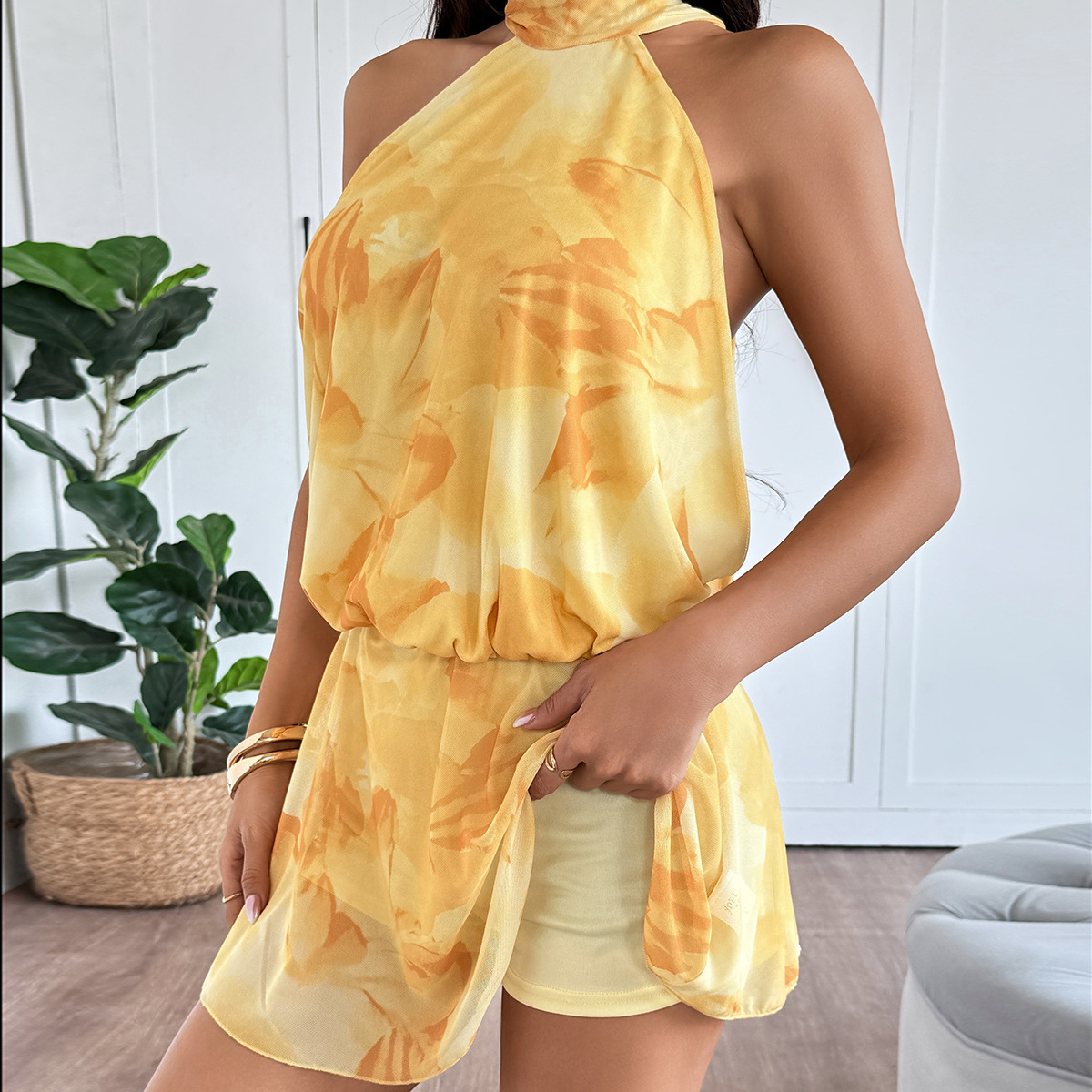 Women's Fashion Tie Neck Halter Dress — Yellow Floral Print, Short Length, Casual Summer Style — Wholesale Supply Terms