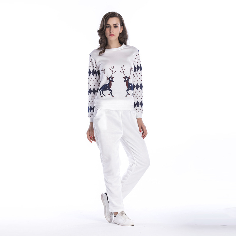 Womens Fleece Lined Sports Set Deer Print Round Neck Long Sleeve Sweatshirt Casual Pants Autumn Winter Wear