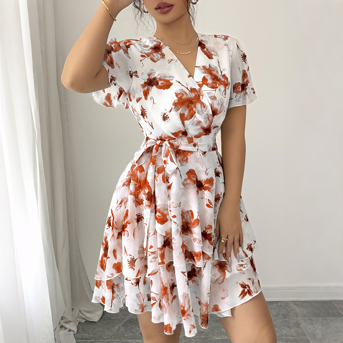 Casual Vacation Printed Short Sleeve Cake Skirt Half Skirt Dress Women's Wear Spring Summer