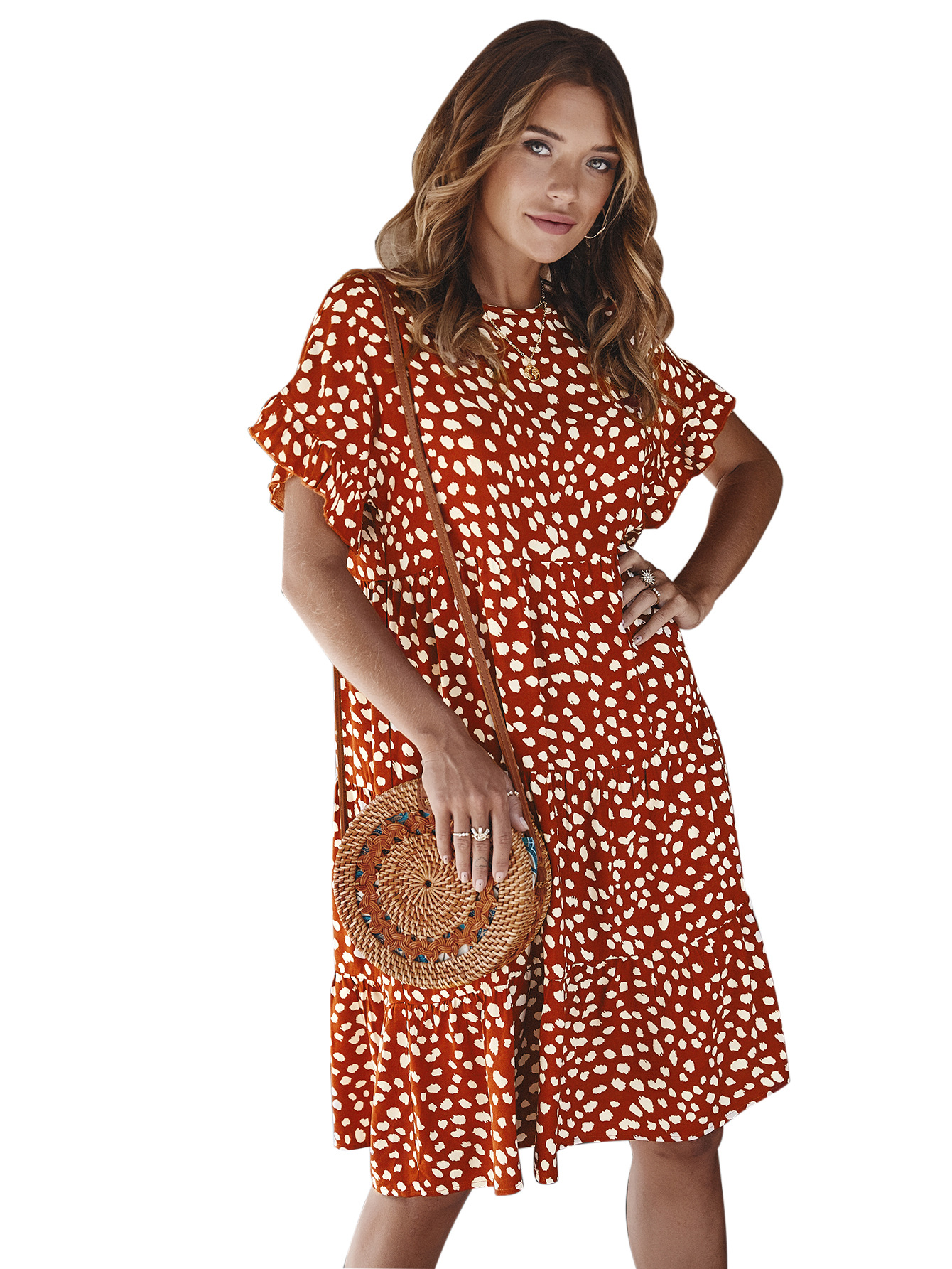 Designer Spring Dress Ruffle Sleeve Polka Dot Elegant Fit Perfect for Casual Outings Wholesale Available