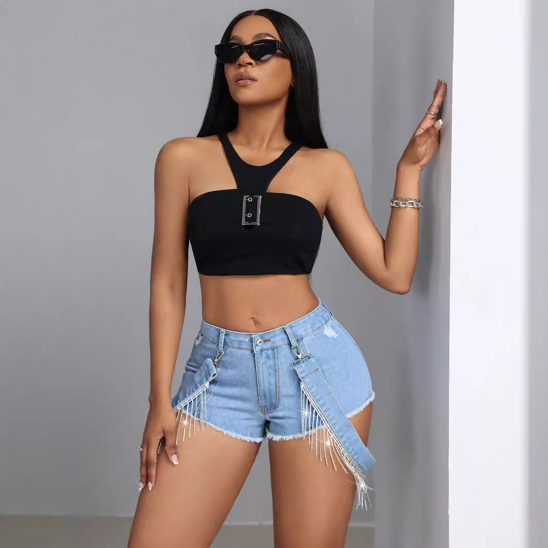 Fringe Hem Denim Shorts Slim Fit Tie Detail Casual Style Perfect for Summer Outings Wholesale Available