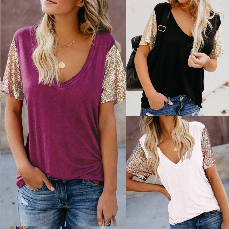Womens Casual V Neck Short Sleeve T Shirt Sequin Patchwork Design Summer Fashion Wholesale Available