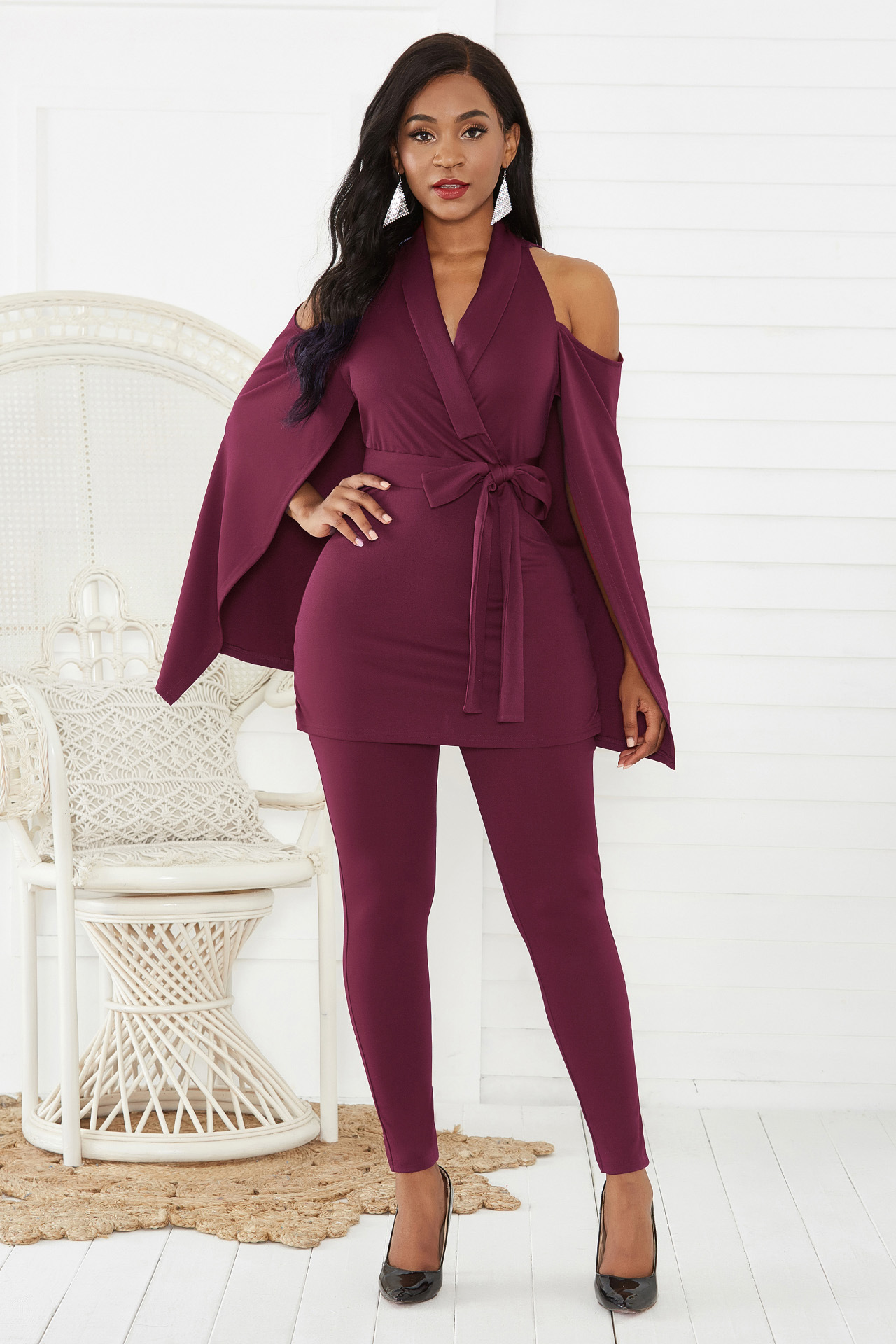 V Neck Jumpsuit Slim Fit Off Shoulder Cape Style Fashionable Elegant for Parties Wholesale Available
