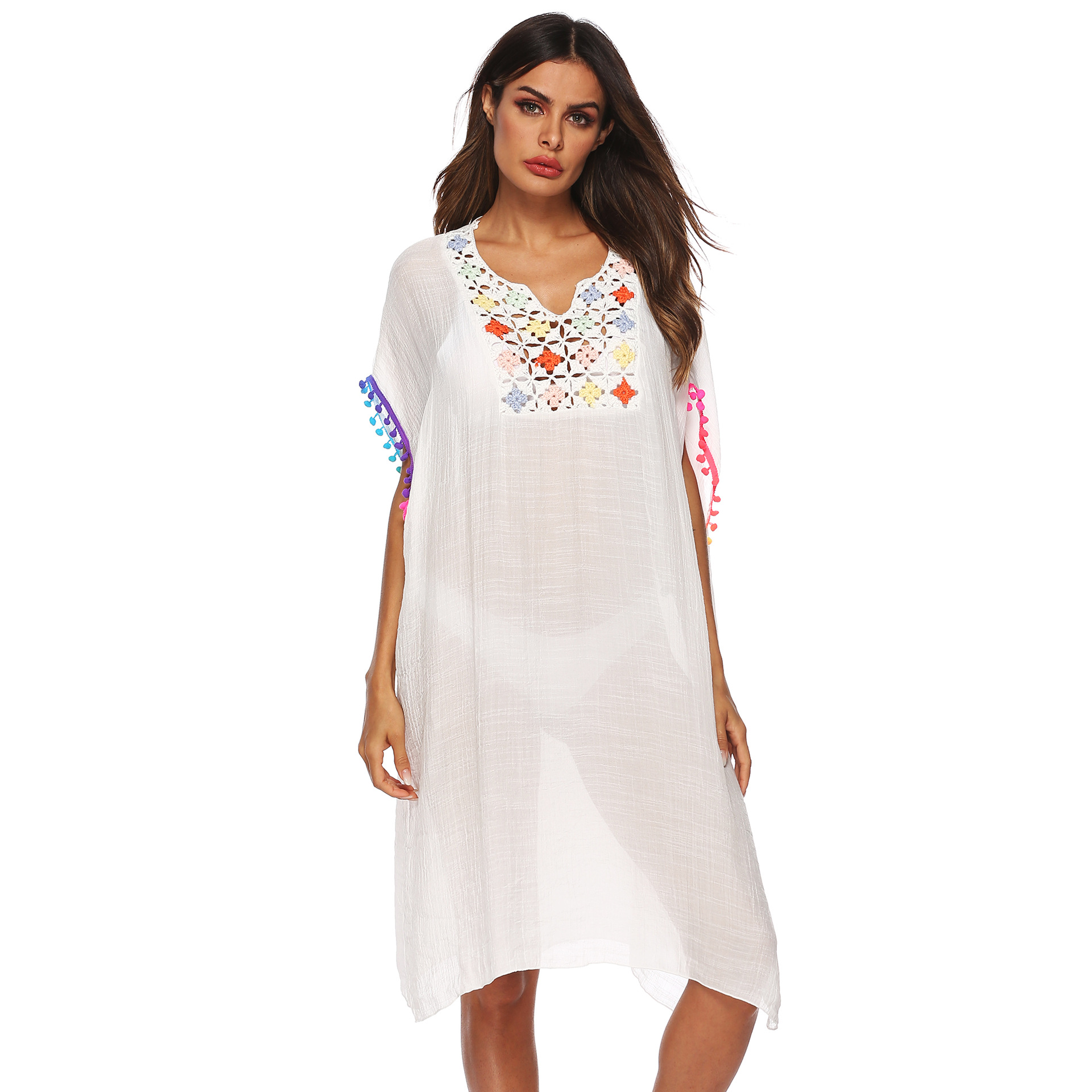 Loose Fit Crochet Lace Trim Tassel Beach Cover Up Dress Lightweight Bohemian Style Summer Wear Wholesale Available