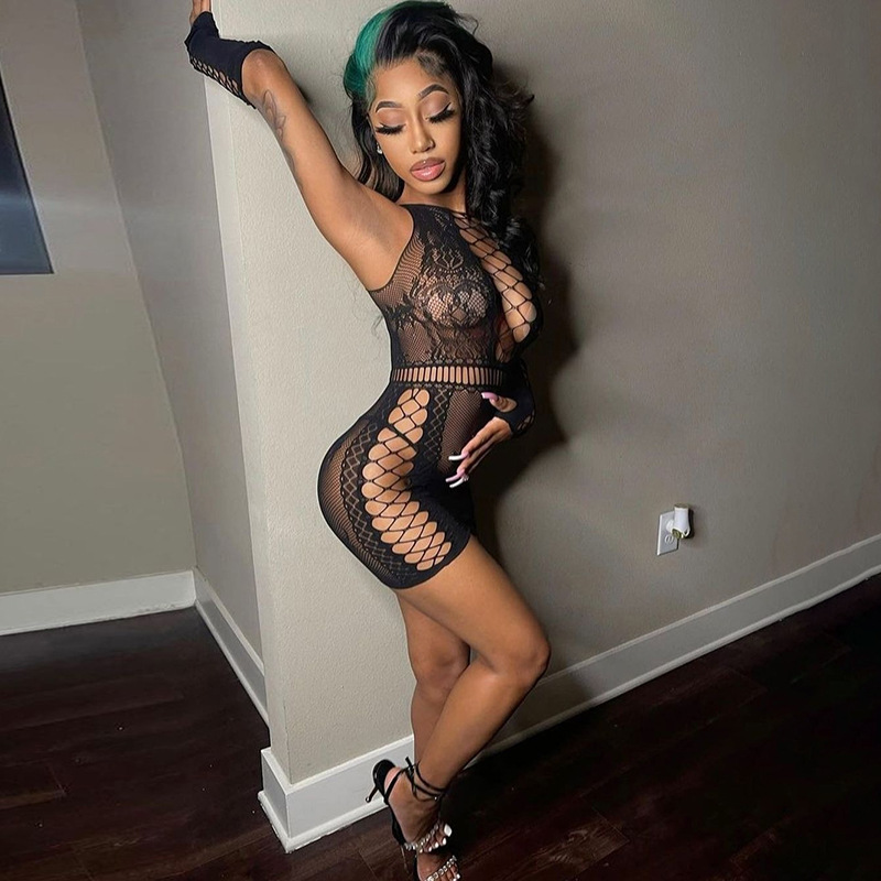 New Spring European and American Women's Fashion Sexy Hollow Out Lace Bodycon Dress for Nightclub Parties
