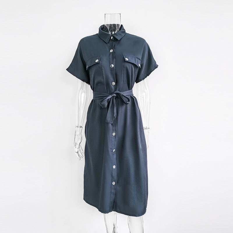 Womens Summer Dress Short Sleeve Lapel Solid Color Belted Button Down Casual or Formal Wear Wholesale Available