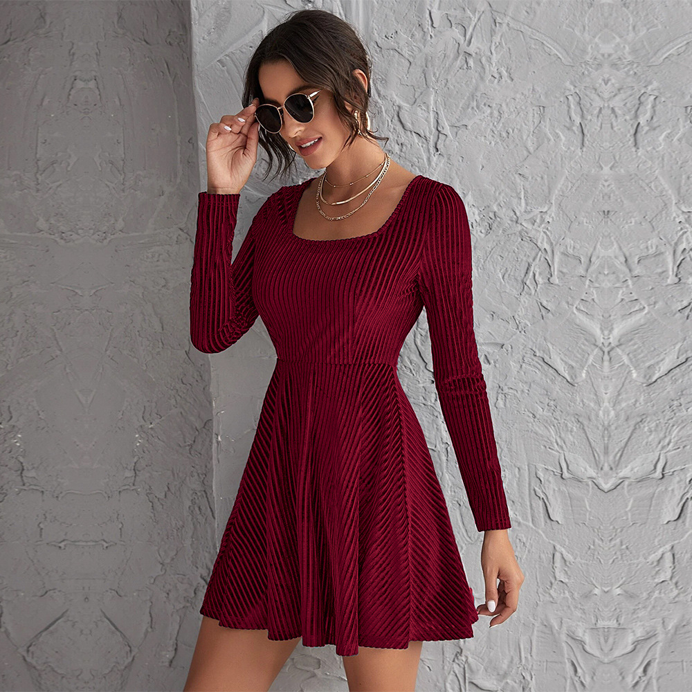 Autumn Winter New Women's Elegant Long Sleeve Velvet Dress with Waist and Flared Skirt for Party