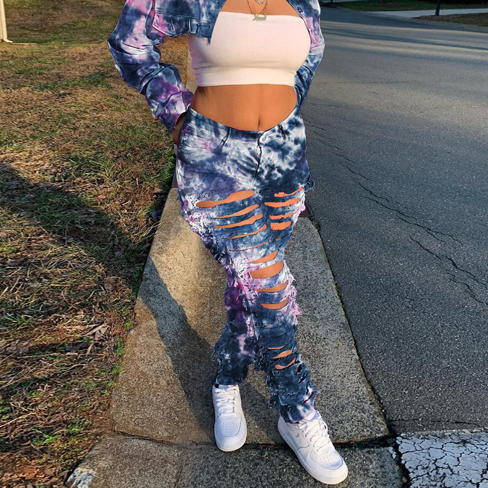 Casual Distressed Tie Dye Denim Pants Button Detail Straight Leg Breathable Fabric Ideal for Everyday Wear
