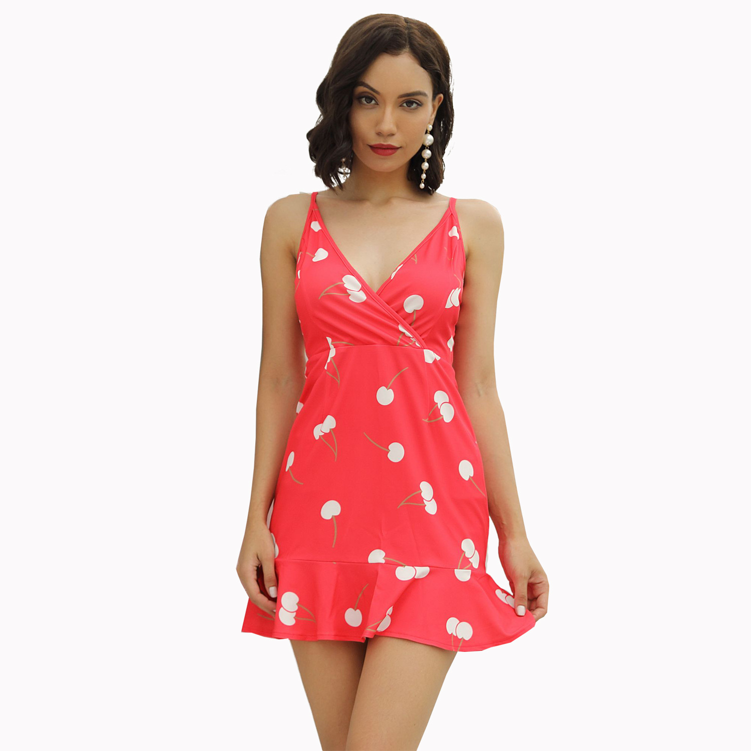 Cherry Print Spaghetti Strap Dress Sexy Casual Lightweight Fabric Perfect for Summer Outings Wholesale Available