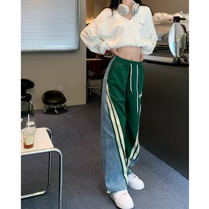 Vintage Color Block Denim Pants Unisex Loose Fit Drawstring Design Casual Streetwear for Couples Wholesale Available
