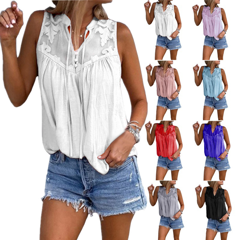 Womens Sleeveless V Neck T Shirt Color Block Design Embroidered Details Casual Style Wholesale Available