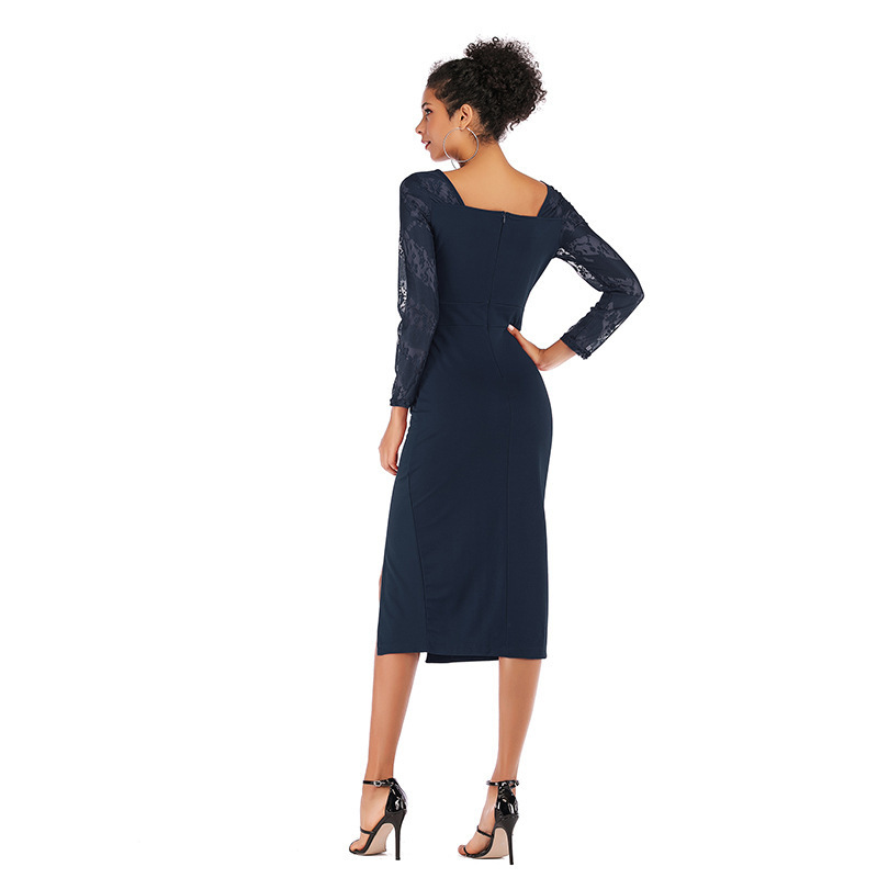 Lace Panel Pencil Dress Sexy Split Hem Solid Color Elegant Design Spring Fashion for Women Wholesale Available
