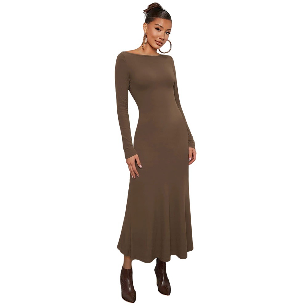 Solid Color Long Sleeve Dress Tight Fishtail Dress Off Shoulder Slim Fit Midi Dress