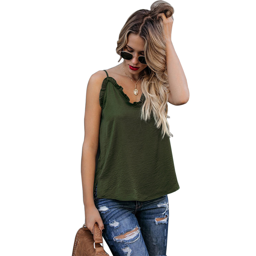 Summer Womens V Neck Cami Top Ruffled Hem Backless Design European Style Casual Wear for Warm Weather Wholesale