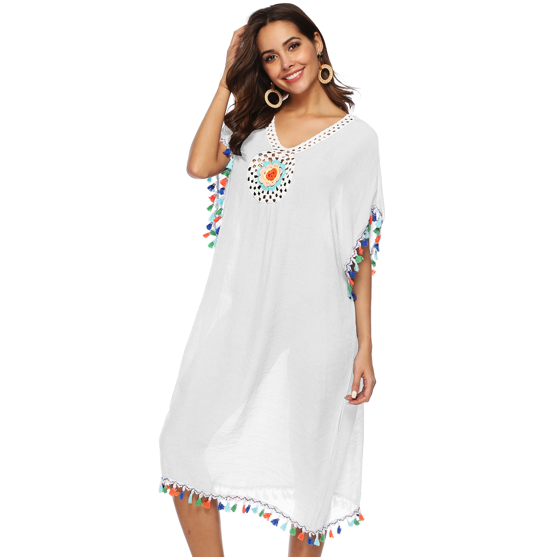 Colorful Tassel Beach Cover Up Dress Hand Crocheted Floral Patchwork Loose Fit Deep V Neck Wholesale Available