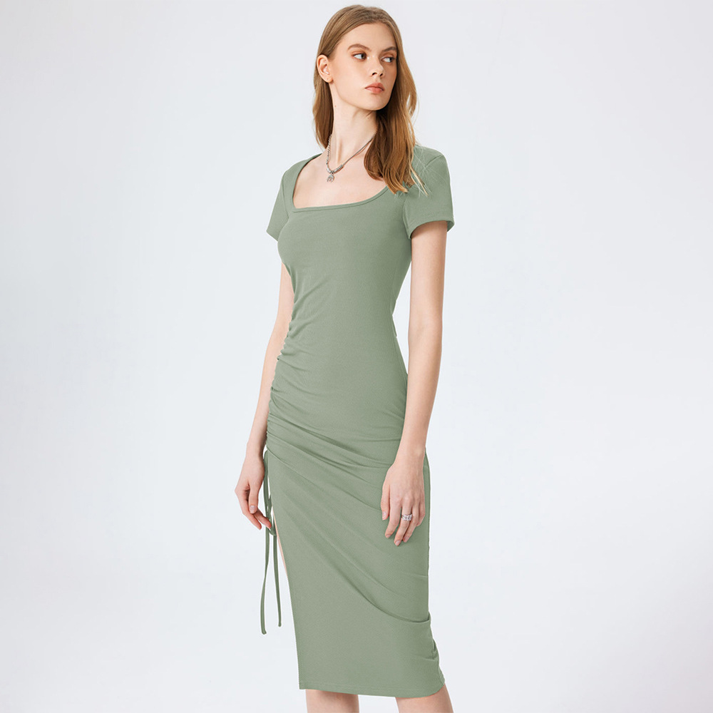 Elegant Slim Fit Side Slit Knitted Pencil Dress with Square Neck and High Waist