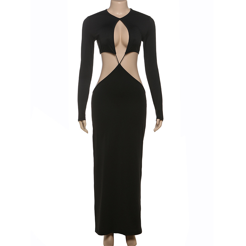 New Women's Winter Dress, Long Sleeve Hollow Out Bodycon Maxi Dress, Sexy Cut Out Waist Design for Trendy Fashionistas