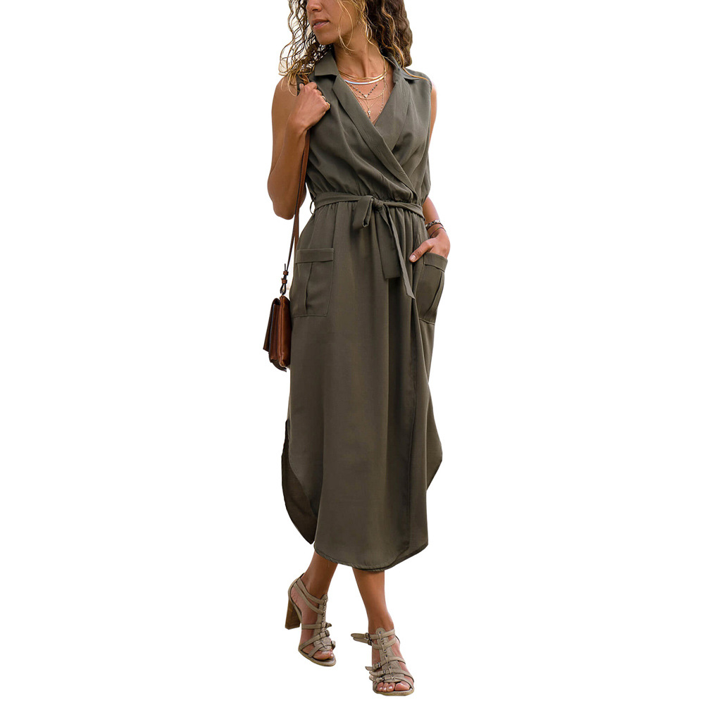 Summer Womens Dress Solid Color Sleeveless High Waist Tie Belt Midi Length Casual Wear Wholesale Available