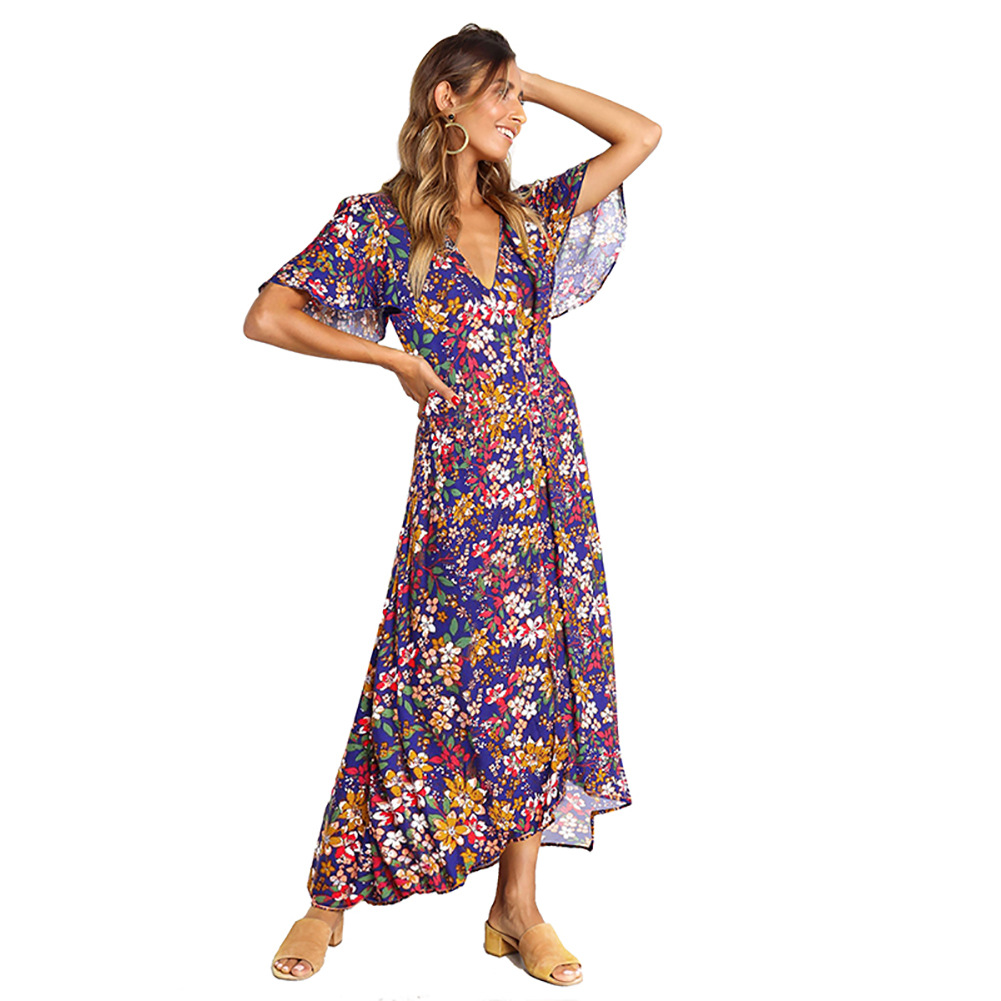 Fashionable Womens Maxi Dress Short Sleeve V Neck Floral Print High Waist Perfect for Summer Events Wholesale