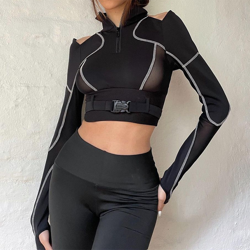 Black Long Sleeve T Shirt Off Shoulder Design Sheer Mesh Cropped Fit Casual Wear for Women Wholesale Available
