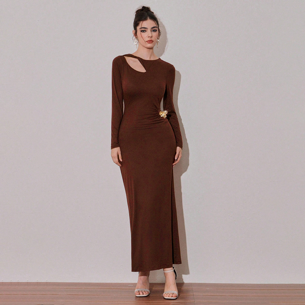 Foreign Trade French Retro Niche Design Hollow Long Sleeve Dress for Women Autumn Winter Atmosphere Slim Fit Gown Long Skirt