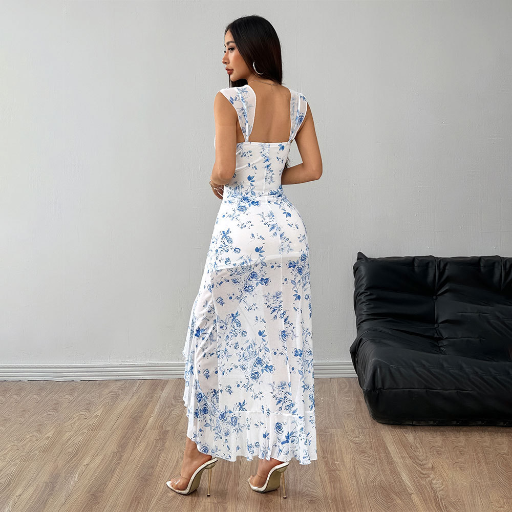 Sexy Floral Split Dress Sleeveless Mid Length Dress with Waist Shaping for Summer