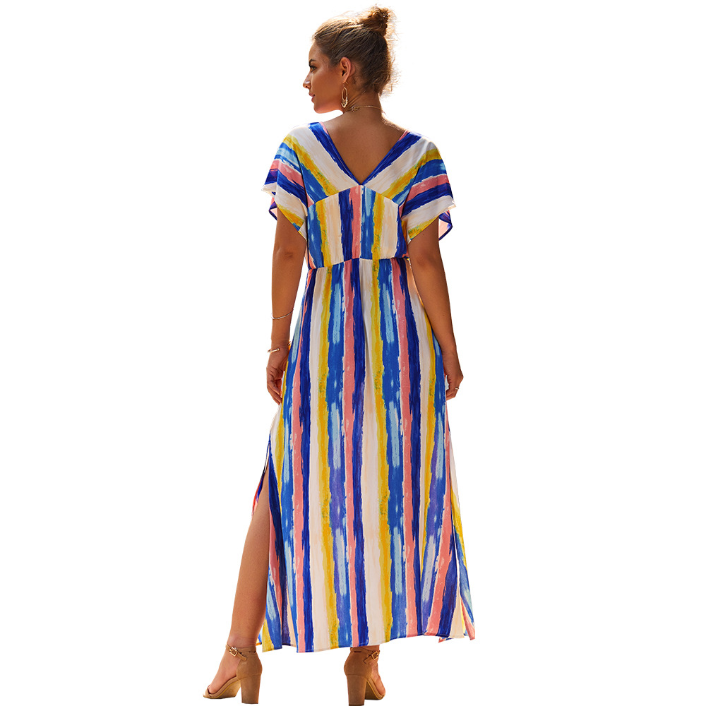 V Neck Rainbow Striped Dress Original Design Sexy Silhouette Autumn Winter Style Wholesale Available