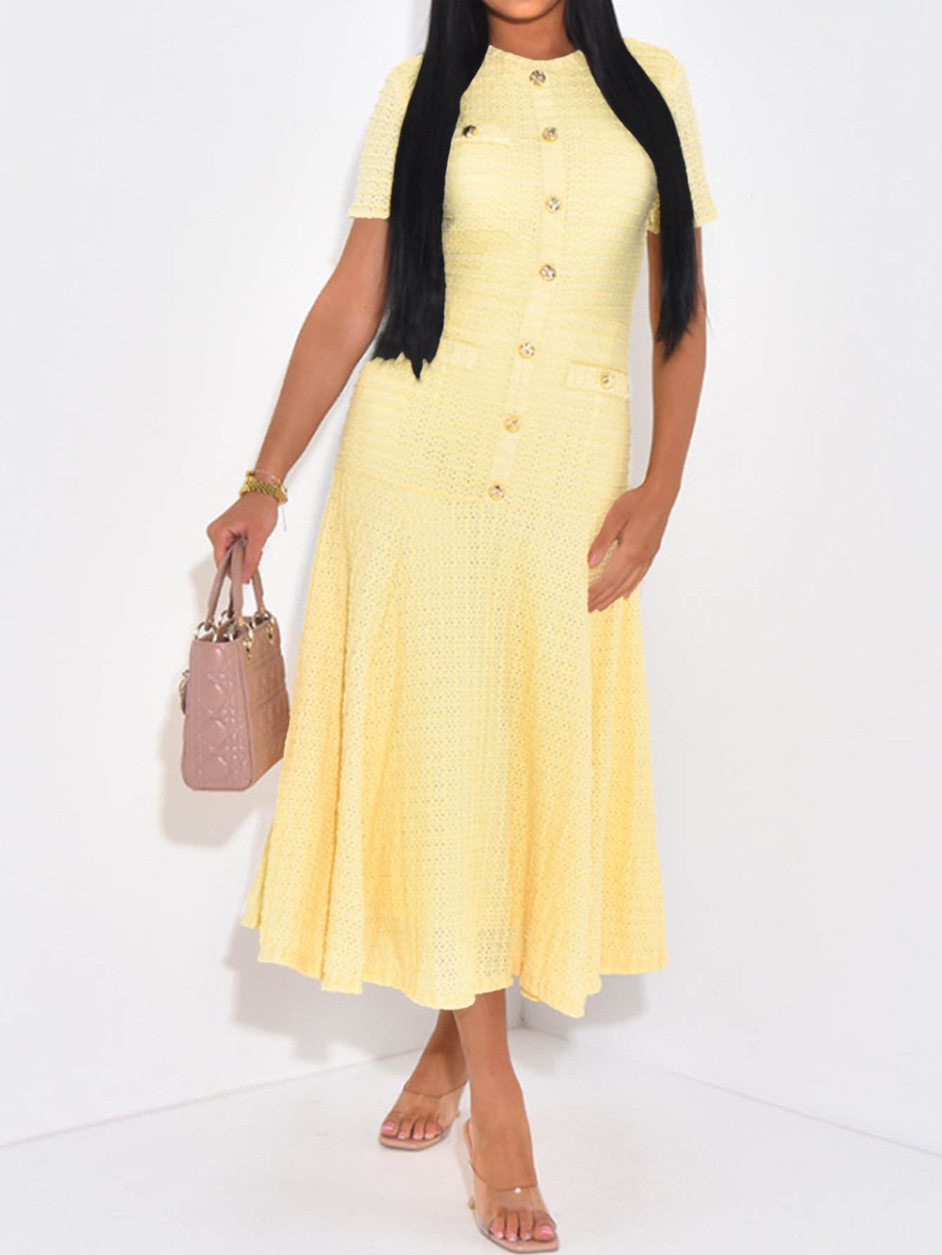European and American Simple Elegant Button Short Sleeve Long Dress for Women Autumn and Winter