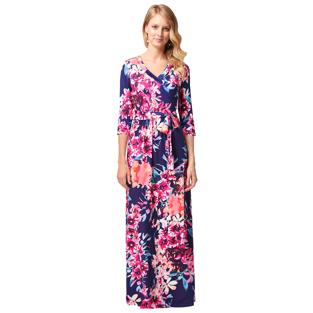 Summer Womens Long Dress Floral Print V Neck Midi Sleeve Flowy Design Perfect for Casual Outings Wholesale