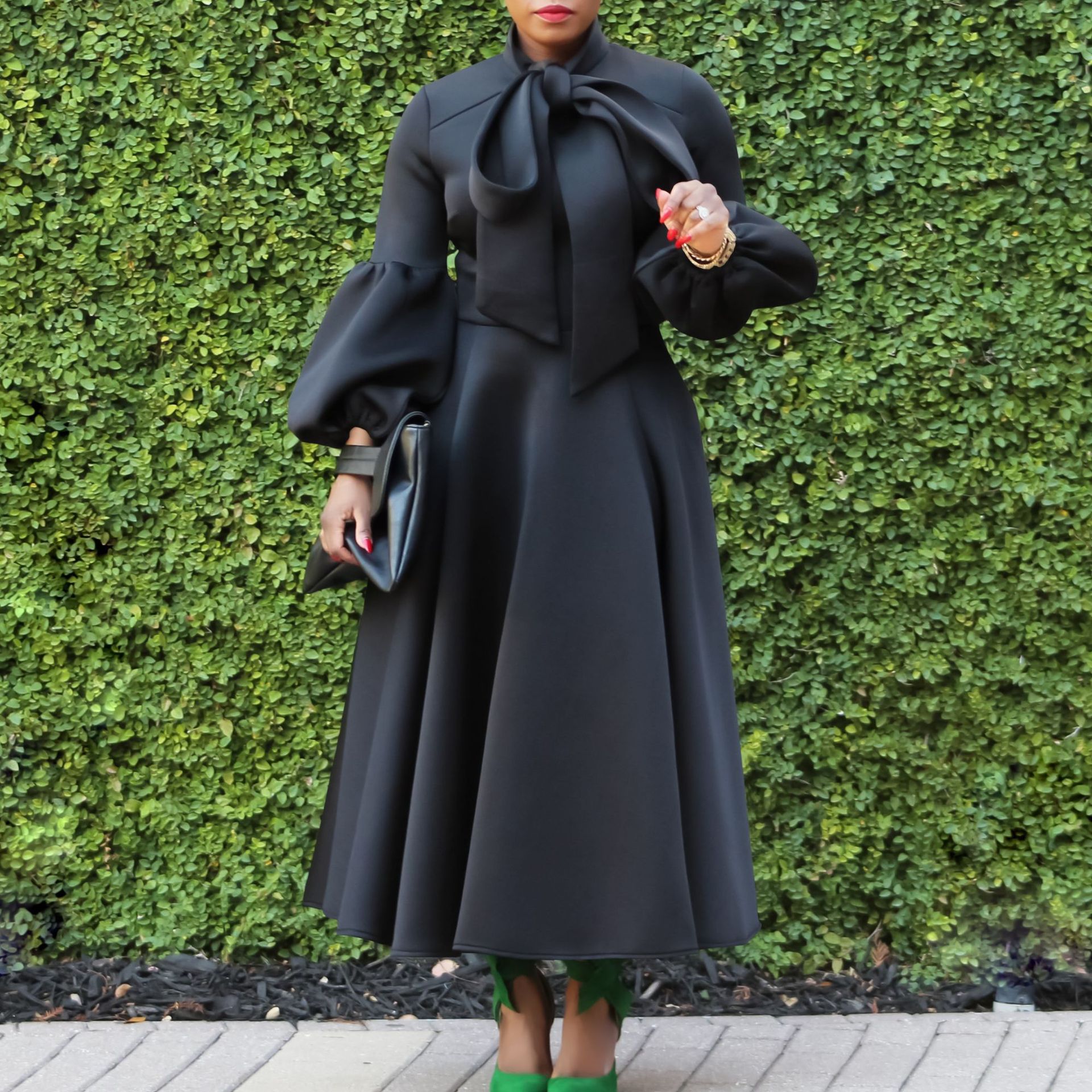 Plus Size Fashion Dress — High Waist, Lantern Sleeves, Bow Tie, Flowy Design — Spring Style — Wholesale Supply Terms