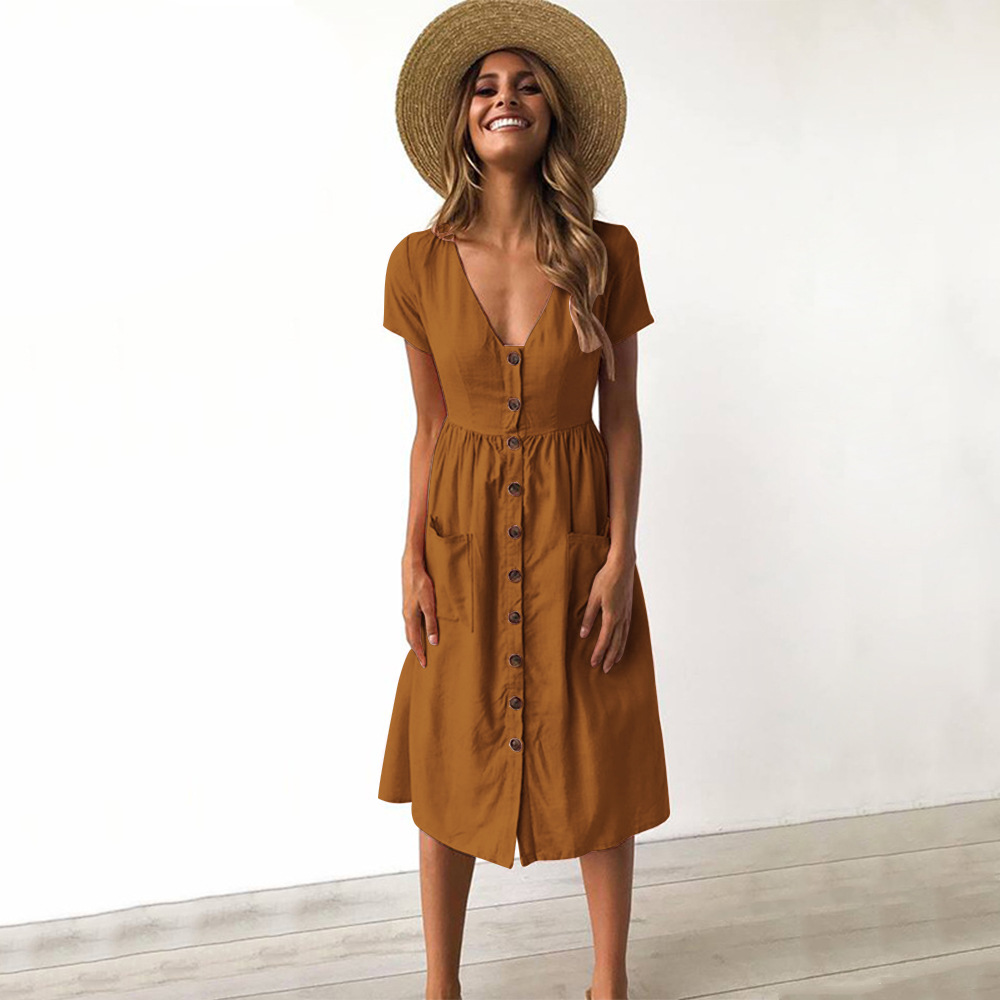 Summer High Waisted Dress V Neck Button Closure Pocket Design Available in Eight Colors Wholesale Supply