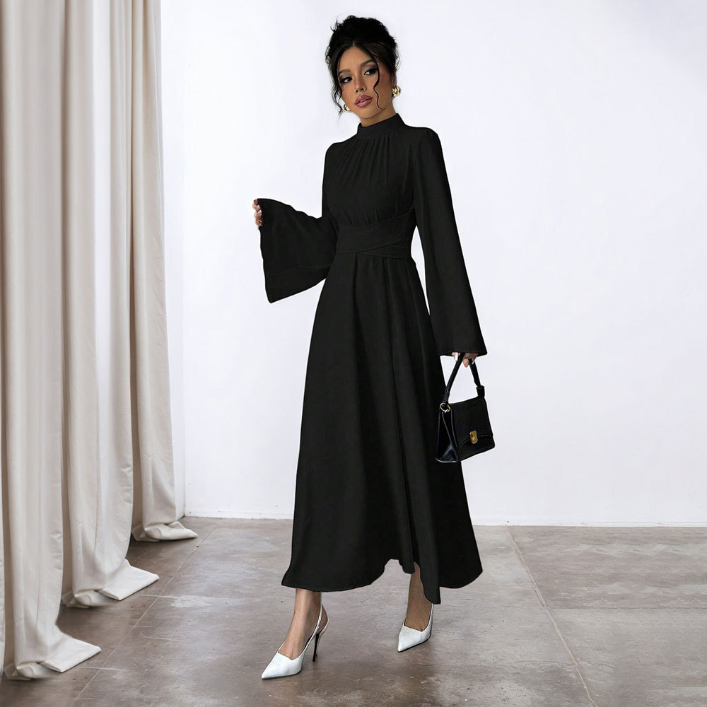 New Black Stand Collar Waist Collecting Long Dress for Women Autumn Winter Long Sleeve Retro Flared Sleeve Solid Color Dress