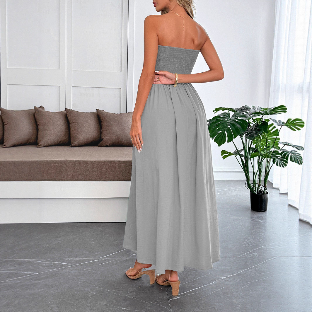 Casual Vacation Strapless Waist Cinch Long Dress for Women Autumn Winter