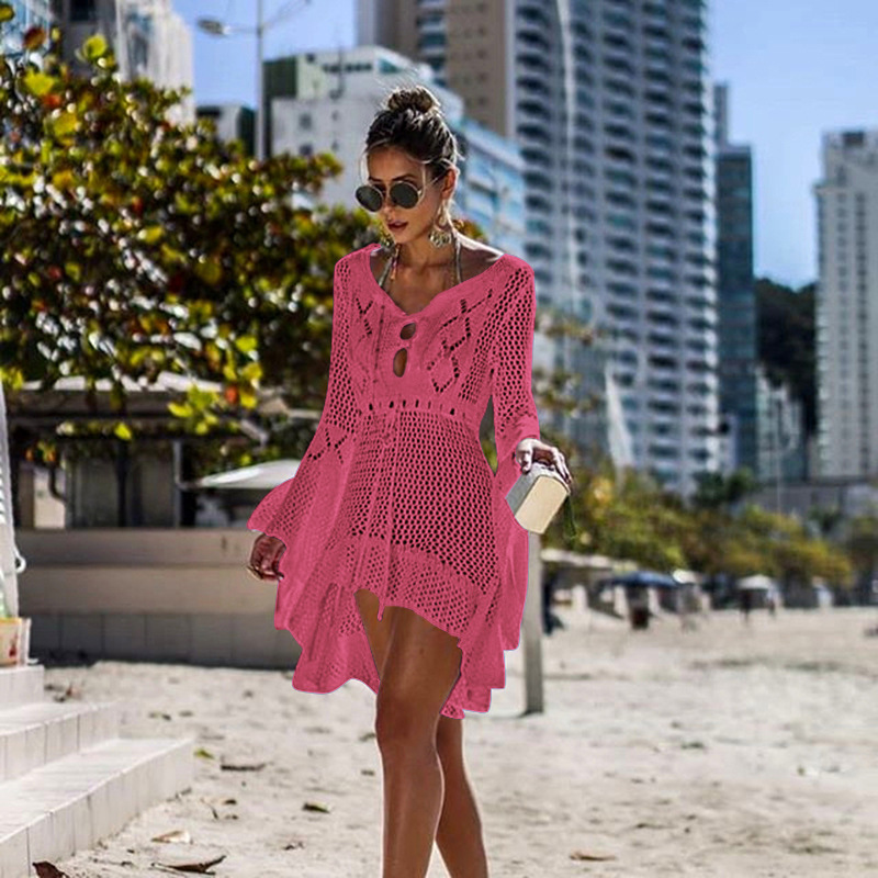 Irregular Deep V Sexy Hollow Out Knitted Beach Cover Up Dress Bell Sleeves Lightweight Fabric Summer Style Wholesale