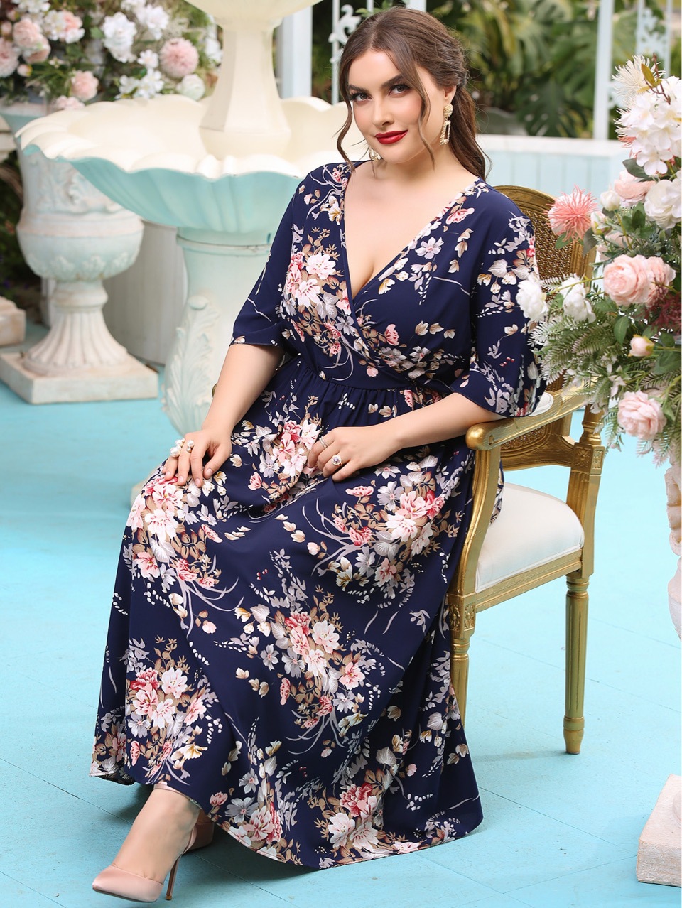 Plus Size Long Sleeve Maxi Dress Navy Blue Elastic Waist Floral Print Casual Wear for Summer Ready to Ship
