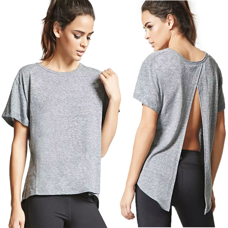 Womens Loose Fit Solid Color T Shirt Round Neck Short Sleeve Backless Design Spring Fashion Top Wholesale Available