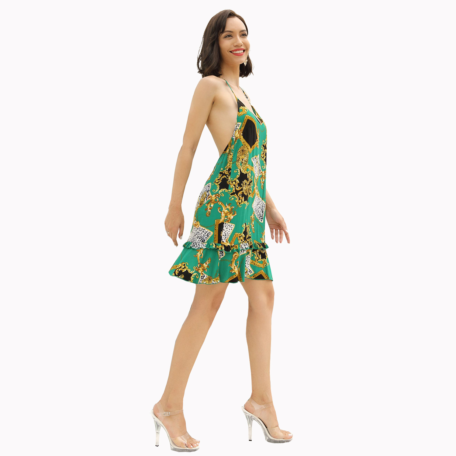 Animal Print Halter Dress Elegant Design Lightweight Fabric Vacation Ready Wholesale Availability