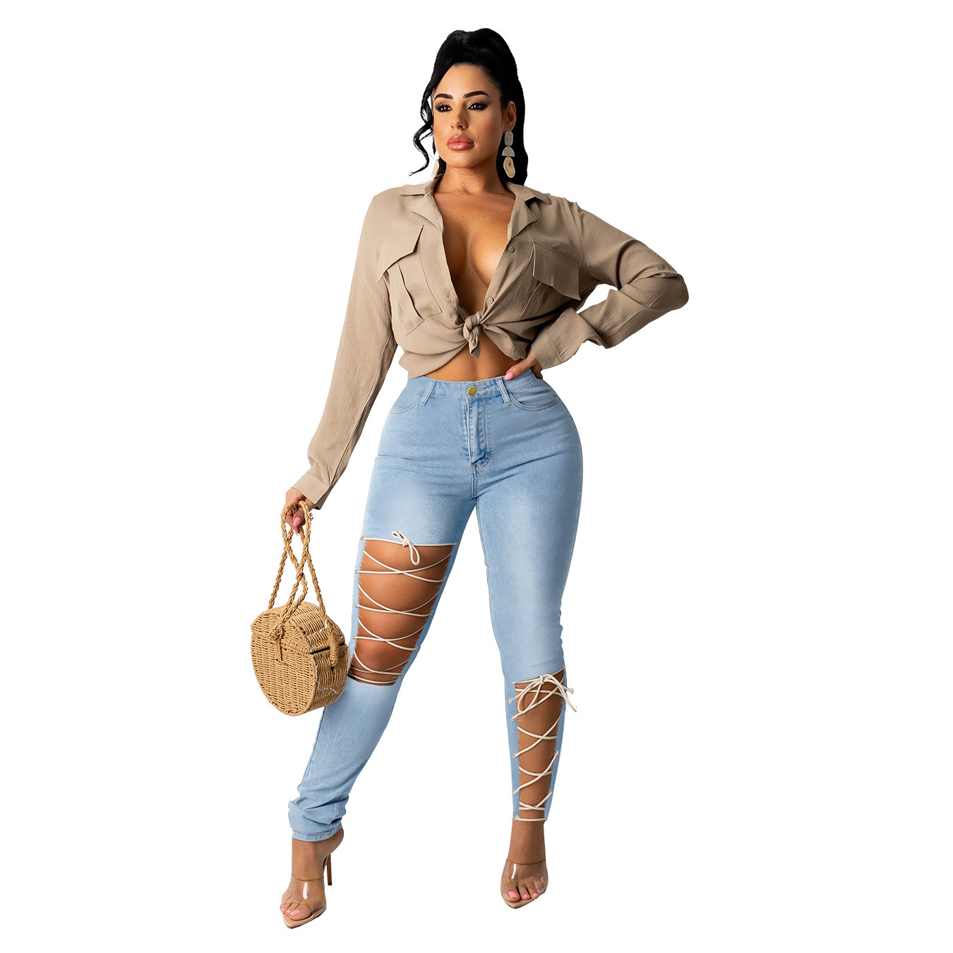 Fashionable Womens Denim Pants Creative Tie Design High Waist Casual Style Perfect for Autumn and Winter Wholesale
