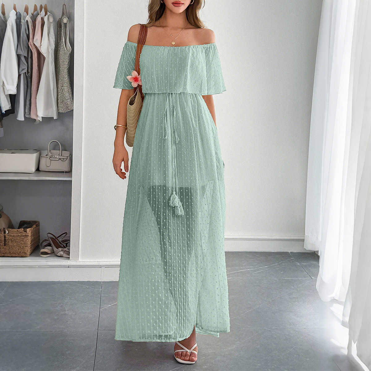 Elegant Strapless Waist Defined Short Sleeve Long Dress for Women Summer