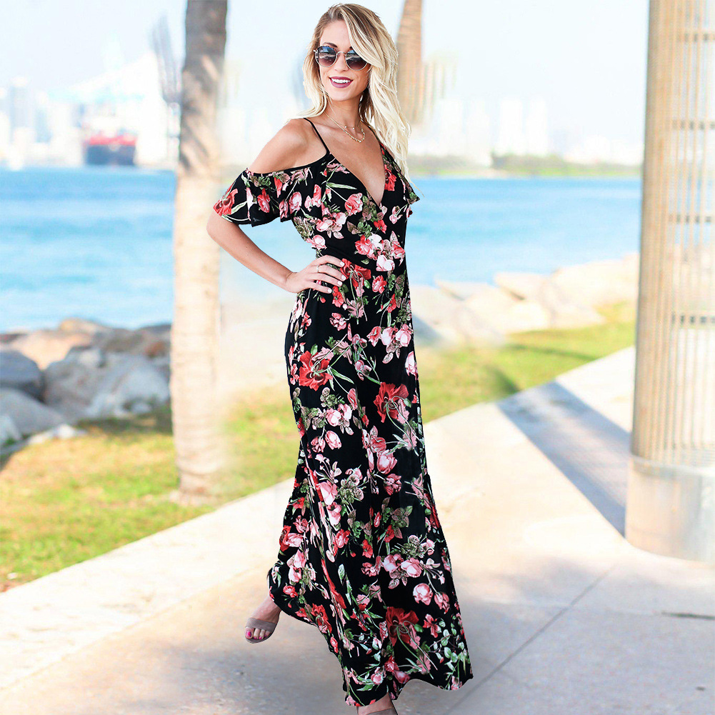 Floral Maxi Dress Off Shoulder V Neck High Waist Sexy Design Spring Summer Fashion Wholesale Available