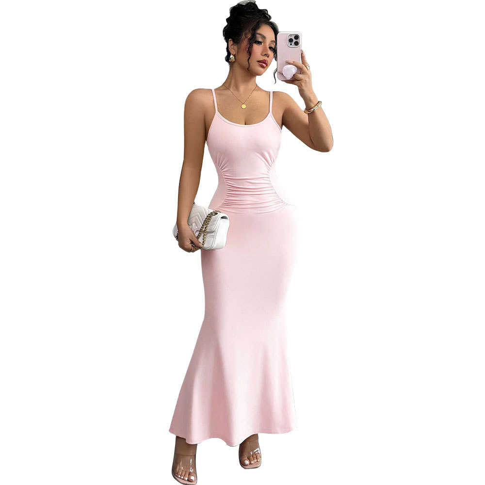 Summer Slim Fit Pink Camisole Dress with High Waist and Mermaid Skirt