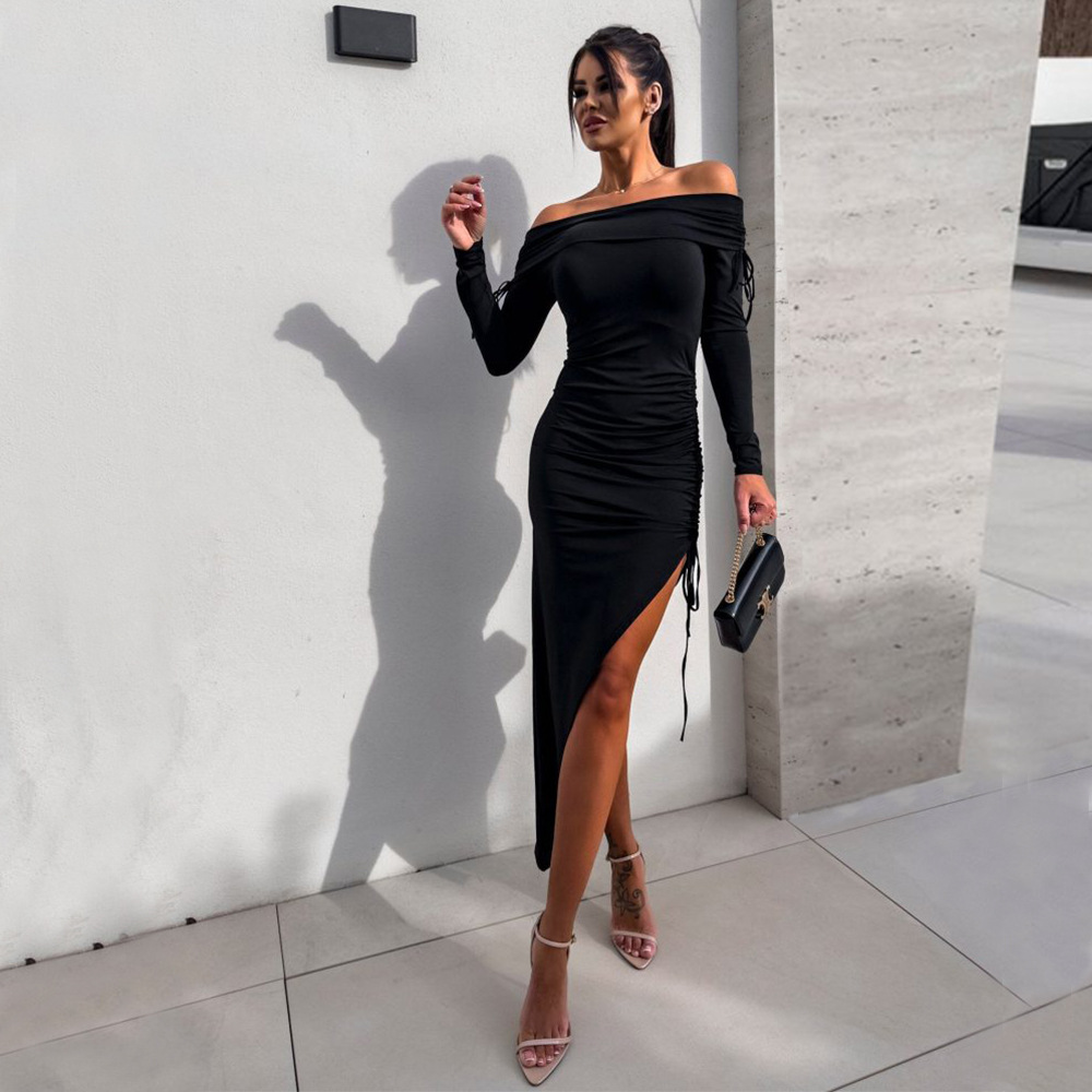 Off Shoulder Midi Dress Elegant Slim Fit Autumn Winter Sexy Style Wholesale Availability OEM ODM service
