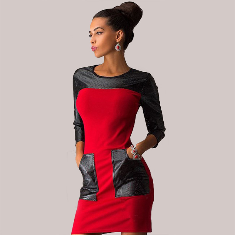 PU Leather Panel Bodycon Dress Slim Fit Professional Style Elegant Design Perfect for Office Wear Wholesale