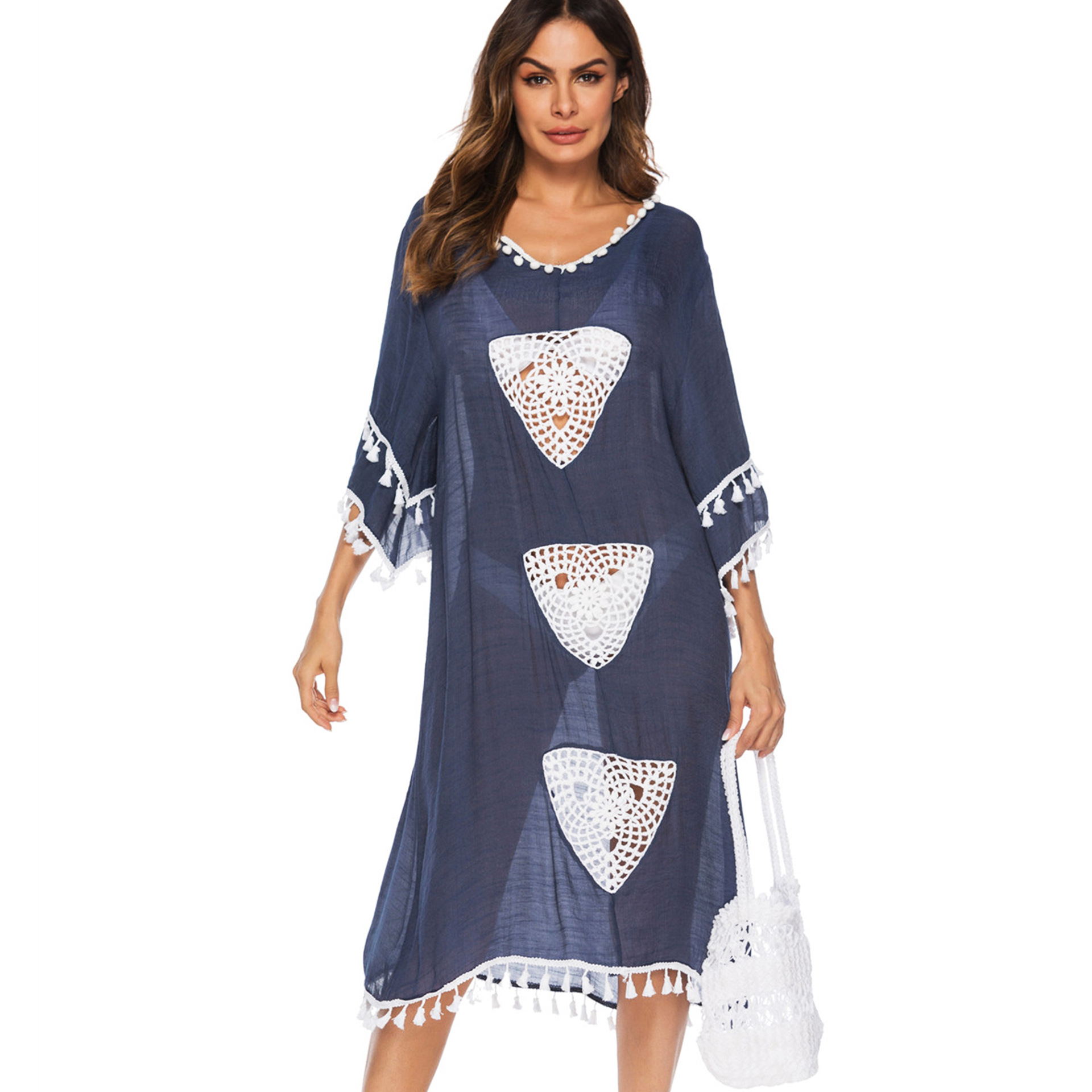 Womens Crochet Floral Patchwork Tassel Irregular Midi Beach Cover Up Dress Lightweight Bohemian Style Summer Wear