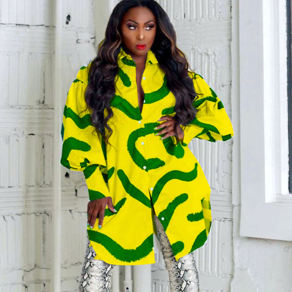 Loose Commuter Printed Lapel Dress Shirt Dress