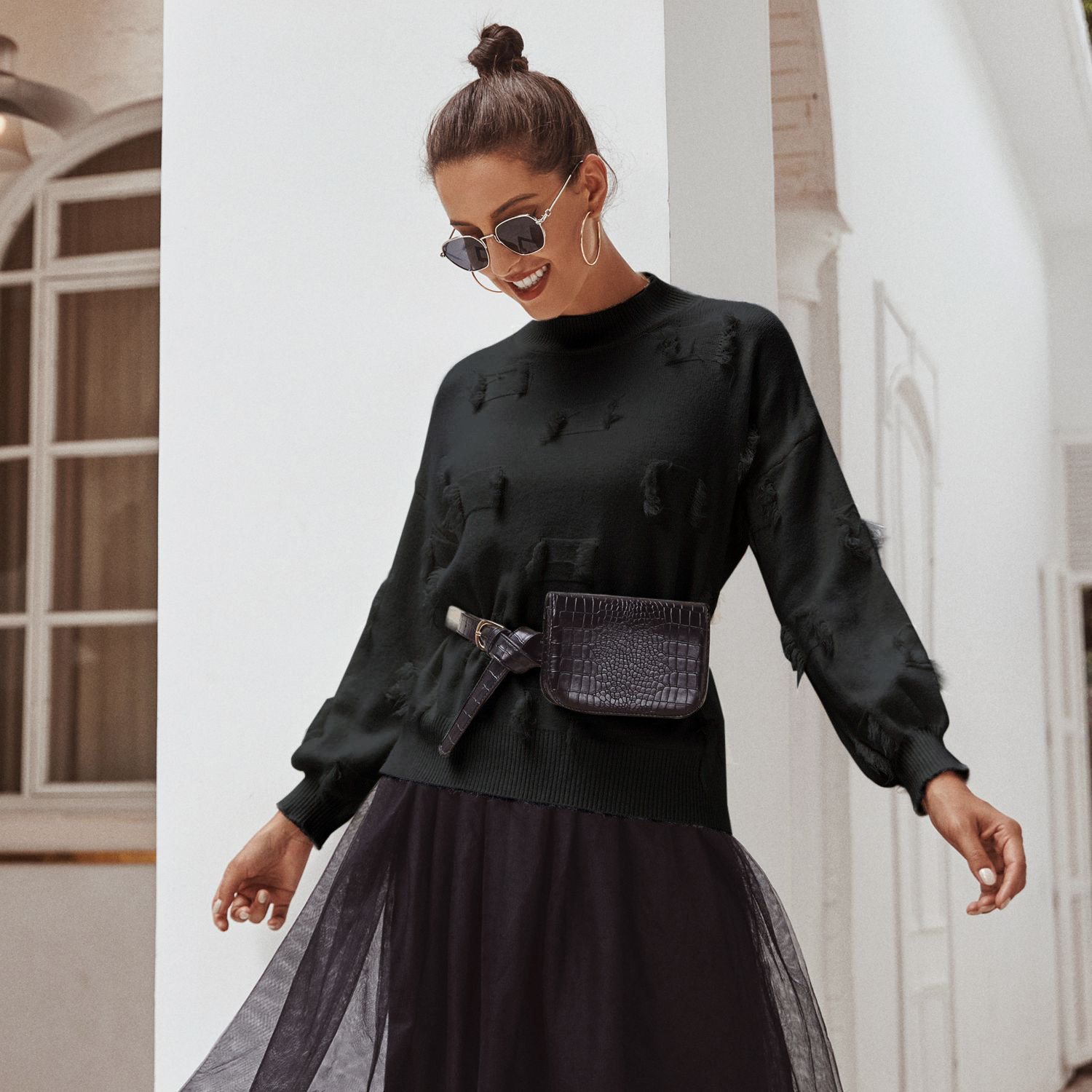Womens Knit Sweater Slim Fit Lantern Sleeves Frayed Hem Winter Fashion for Casual Wear Wholesale Available