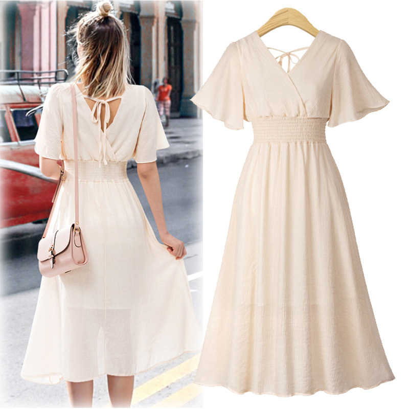 Chiffon Floral Print Dress V Neck Flared Sleeves Slim Fit Summer Casual Wear Wholesale Available
