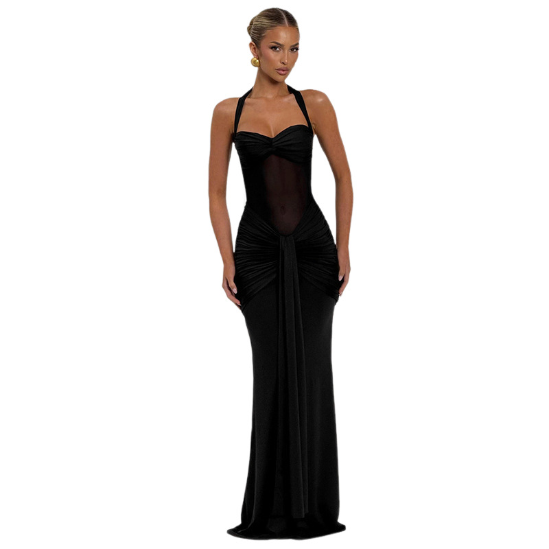 Fashionable Women's Halter Neck Tie Solid Color Sheer Mesh See Through Sexy Flowing Long Dress for Cross Border Style