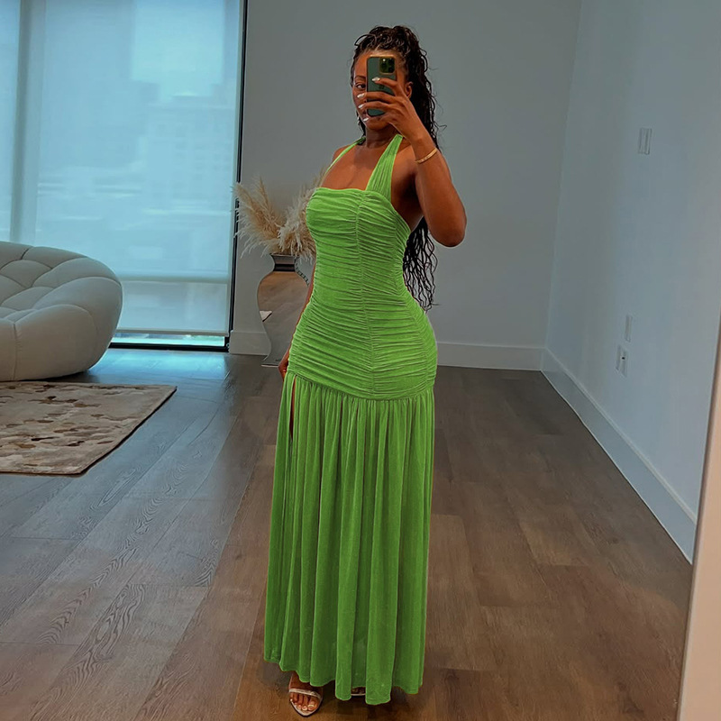 Fashionable Women's Backless Ruffled Layered Dress with Halter Neck for Cross Border Fall Collection, Sexy Slim Fit Design